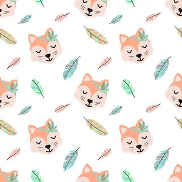 Seamless pattern of cartoon cute fox and feathers in Boho style. Hand-drawn i Stock Illustration
