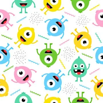 Seamless pattern cartoon cute monsters background. Stock Illustration