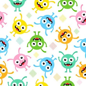 Seamless pattern cartoon cute monsters background. Stock Illustration
