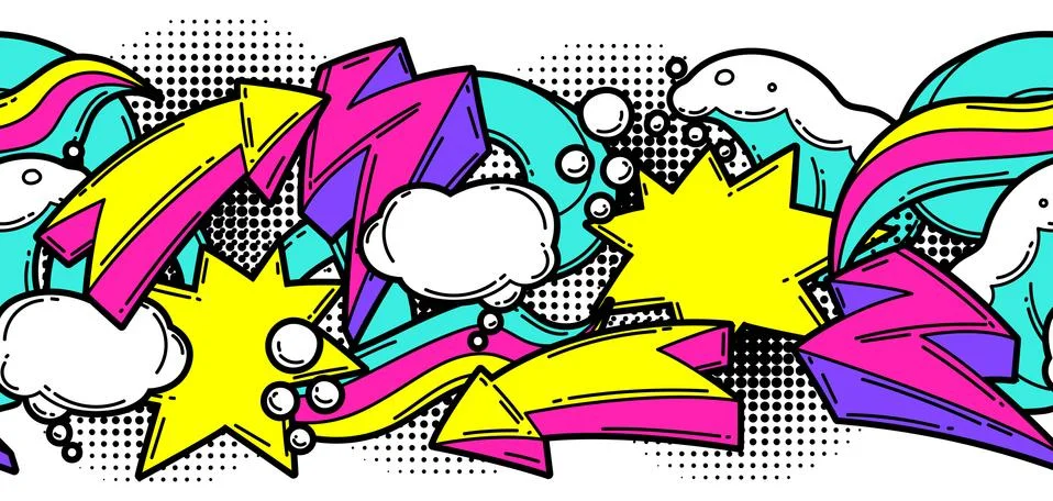 Seamless pattern with cartoon decorative elements. Urban colorful teenage Stock Illustration