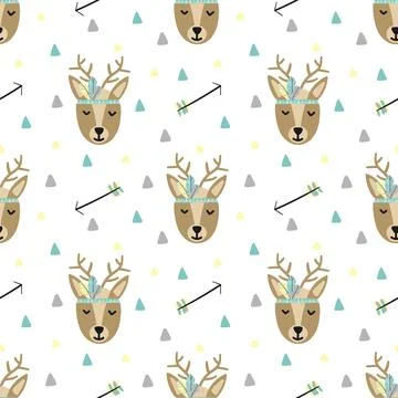 Seamless pattern cartoon deer and arrows in the boho style. Hand-drawn illust Stock Illustration