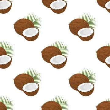 Seamless pattern with cartoon detailed brown exotic whole coconut, half and g イラスト素材