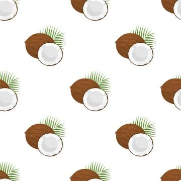Seamless pattern with cartoon detailed brown exotic whole coconut, half and g イラスト素材