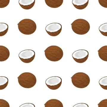 Seamless pattern with cartoon detailed brown exotic whole and half coconut. S 库存插图