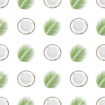 Seamless pattern with cartoon detailed brown exotic half coconut and green le Stock Illustration