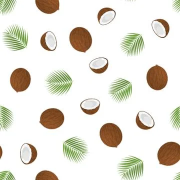Seamless pattern with cartoon detailed brown exotic whole coconut, half and g Stockillustratie