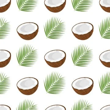 Seamless pattern with cartoon detailed brown exotic half coconut and green le 스톡 일러스트