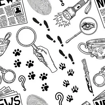 Seamless pattern with cartoon detective and crime investigation symbols Stock Illustration