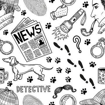 Seamless pattern with cartoon detective and crime discovery symbols Stock Illustration