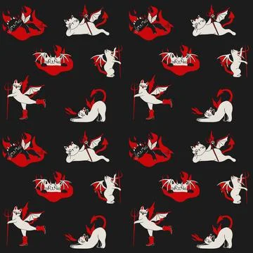 Seamless Pattern with Cartoon devil cats with horns wings tails and pitchforks Illustrazione stock