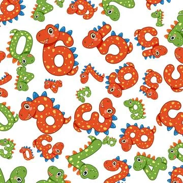 Seamless Pattern of Cartoon Dinosaur Characters Shaped Like Numbers Stockillustratie
