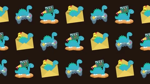 Seamless pattern of cartoon dinosaur, gaming, and digital marketing media icons Stock Footage 321883189