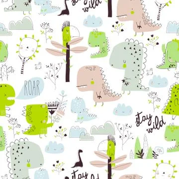 Seamless pattern with cartoon dinosaurs isolated on white background イラスト素材