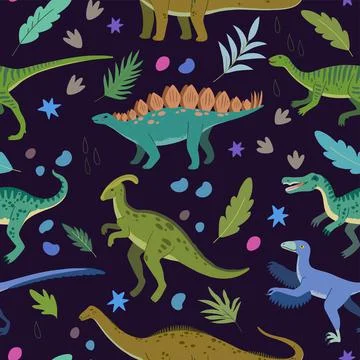 Seamless pattern with cartoon doodle dinosaurs and nature elements, rocks イラスト素材