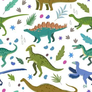 Seamless pattern with cartoon doodle dinosaurs and nature elements, rocks 스톡 일러스트