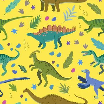 Seamless pattern with cartoon doodle dinosaurs and nature elements, rocks Illustrazione stock