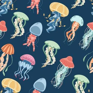 Seamless pattern with cartoon doodle jellyfish. Background with sea creatures Stock Illustration