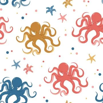 Seamless pattern with cartoon doodle octopus. Background with sea creature .. Stock Illustration