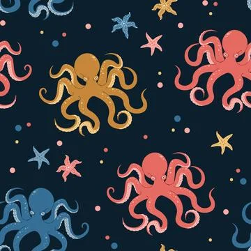 Seamless pattern with cartoon doodle octopus. Background with sea creature .. Stock Illustration