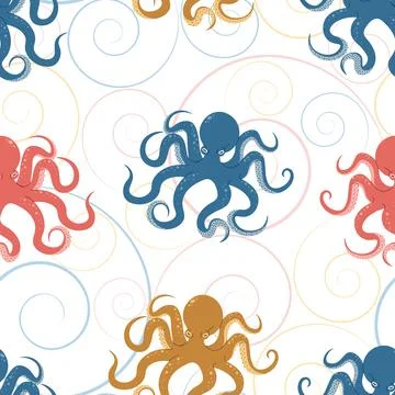Seamless pattern with cartoon doodle octopus. Background with sea creature .. Illustrazione stock