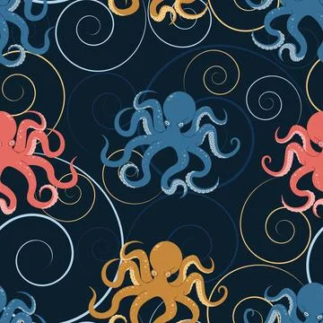 Seamless pattern with cartoon doodle octopus. Background with sea creature .. Stock Illustration