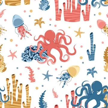 Seamless pattern with cartoon doodle octopus. Background with sea creature .. Illustrazione stock