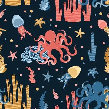 Seamless pattern with cartoon doodle octopus. Background with sea creature .. 스톡 일러스트