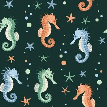 Seamless pattern with cartoon doodle seahorse. Background with sea animal i.. Illustrazione stock