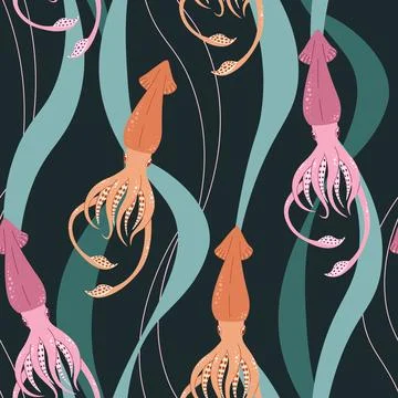 Seamless pattern with cartoon doodle squid. Background with sea life in fla.. Stock Illustration