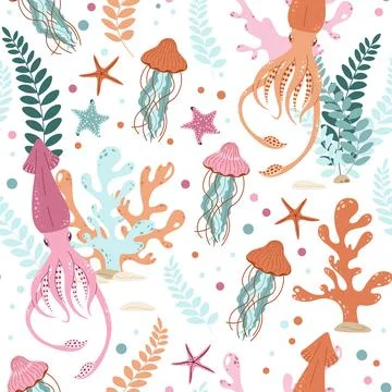 Seamless pattern with cartoon doodle squid. Background with sea life in fla.. Stock Illustration
