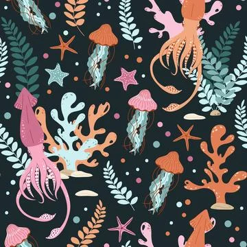 Seamless pattern with cartoon doodle squid. Background with sea life in fla.. イラスト素材