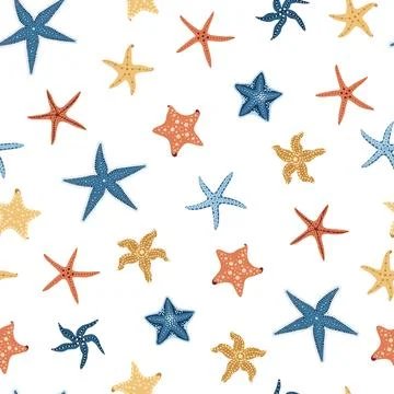 Seamless pattern with cartoon doodle starfish. Background with shellfish in.. Stock Illustration