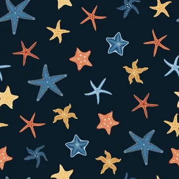 Seamless pattern with cartoon doodle starfish. Background with shellfish in.. Stockillustratie