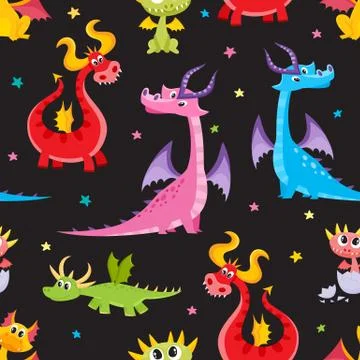 Seamless pattern with cartoon dragon characters 스톡 일러스트