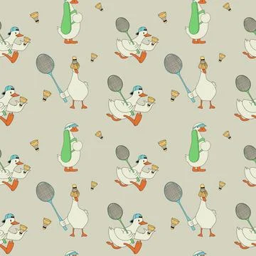 Seamless pattern with Cartoon Duck Playing Badminton with Racket and Shuttlecock Stock-Illustration