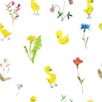 Seamless pattern with cartoon duckling and flowers Stock Illustration