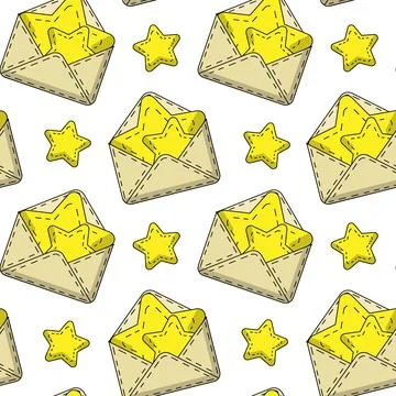 Seamless pattern with cartoon envelope and stars Stock Illustration