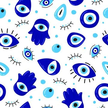 Seamless pattern with Cartoon Evil eyes. Blue Evil eye, Hamsa, Hand of Fatima Stock Illustration