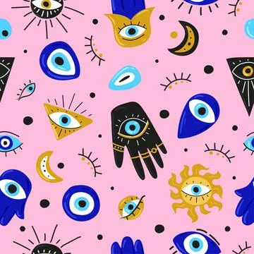 Seamless pattern with Cartoon Evil eyes. Blue Evil eye, Hamsa, Hand of Fatima Stock Illustration