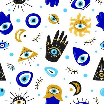 Seamless pattern with Cartoon Evil eyes. Blue Evil eye, Hamsa, Hand of Fatima Illustrazione stock