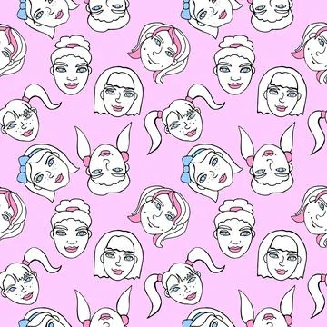 Seamless pattern with cartoon face vector people. Hand drawn illustration. Co Stock Illustration
