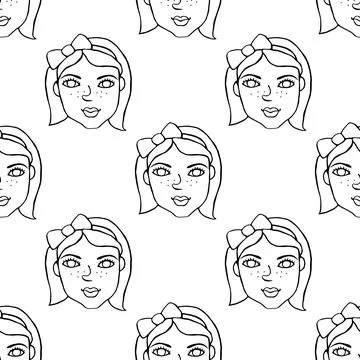 Seamless pattern with cartoon face vector people. Hand drawn line art illustr Stock Illustration