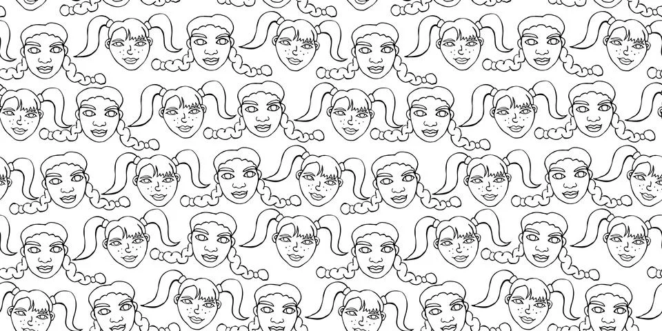 Seamless pattern with cartoon face vector people. Hand drawn line art illustr Stockillustratie