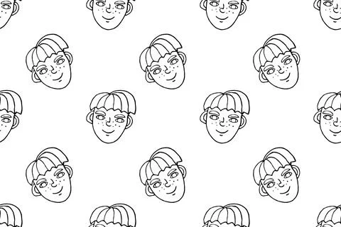 Seamless pattern with cartoon face vector people. Hand drawn line art illustr Illustrazione stock