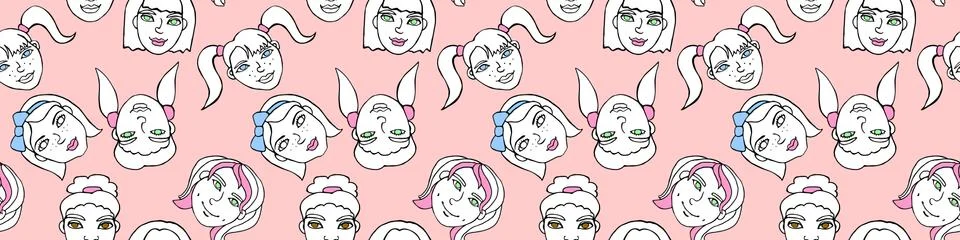 Seamless pattern with cartoon face vector people. Hand drawn illustration. Co Stock Illustration
