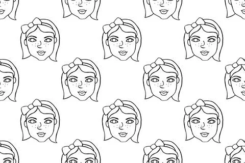 Seamless pattern with cartoon face vector people. Hand drawn line art illustr Stock Illustration