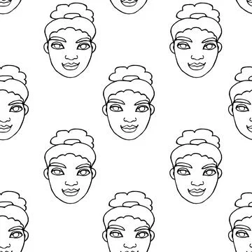 Seamless pattern with cartoon face vector people. Hand drawn line art illustr Stock Illustration