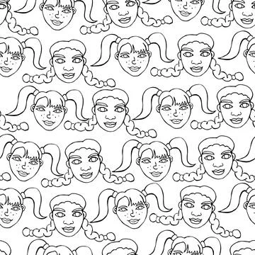 Seamless pattern with cartoon face vector people. Hand drawn line art illustr Stockillustratie