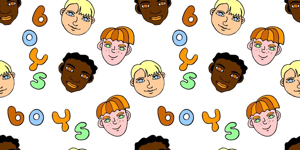 Seamless pattern with cartoon face vector boys and letterings. Hand drawn Doo Stock Illustration