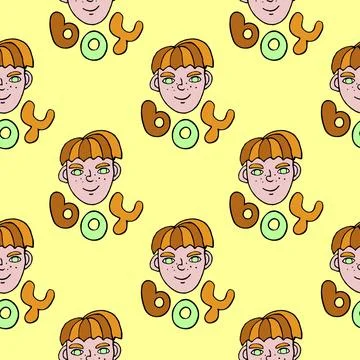 Seamless pattern with cartoon face vector boys and letterings. Hand drawn Doo Stock Illustration
